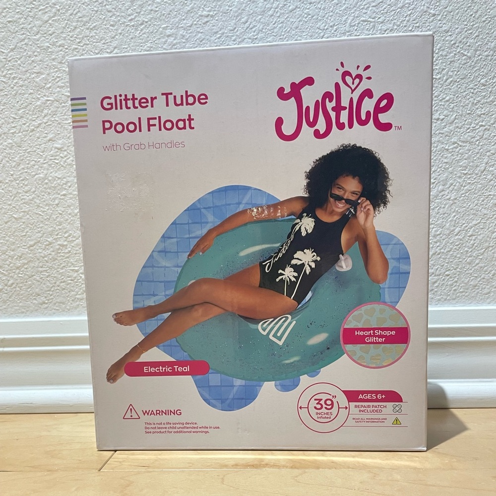 JUSTICE Glitter tube pool float with Grab Handles 39” inches inflated Ages 6+